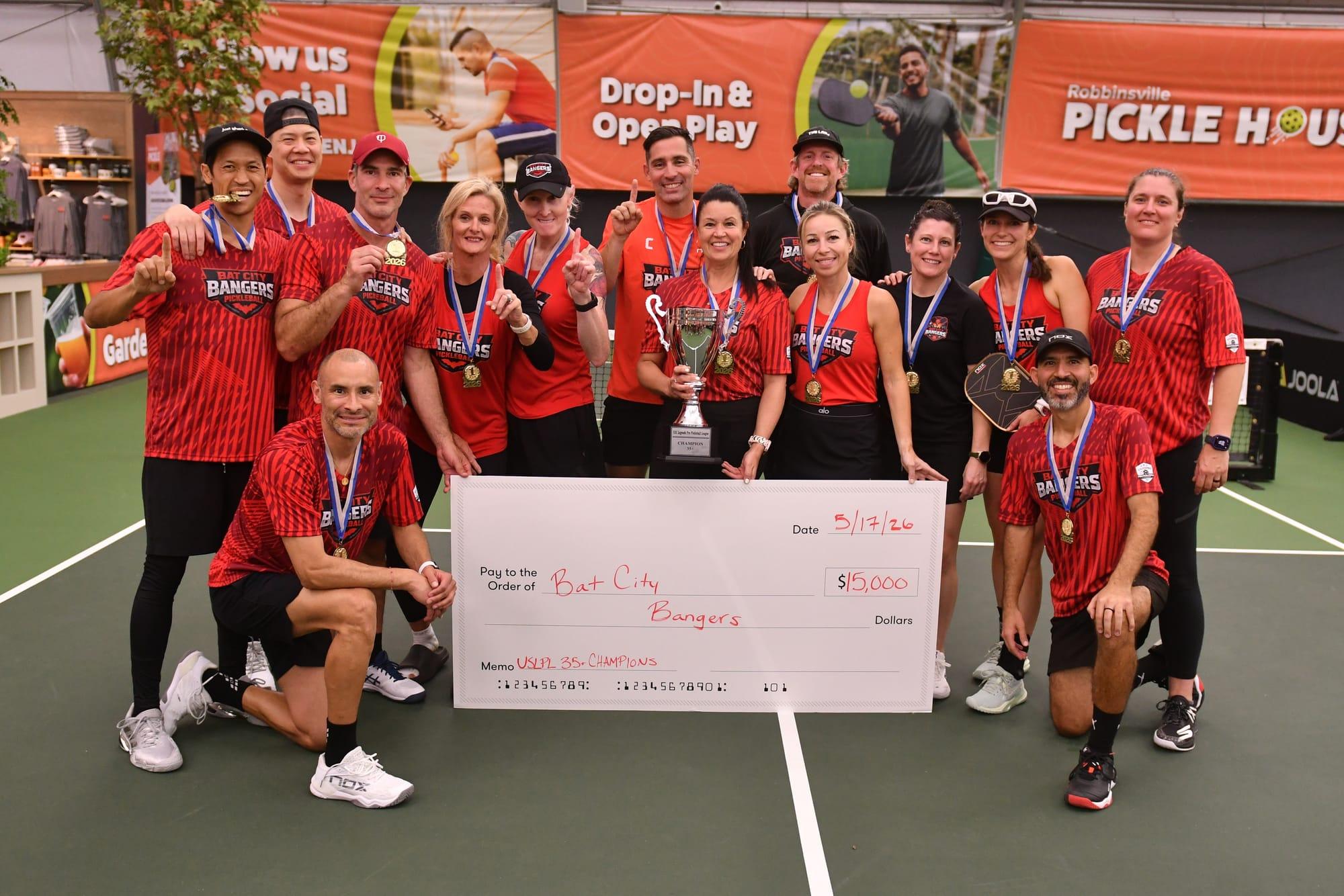 Bat City Bangers hoisting the USLPL 35+ Championship trophy and $15,000 prize